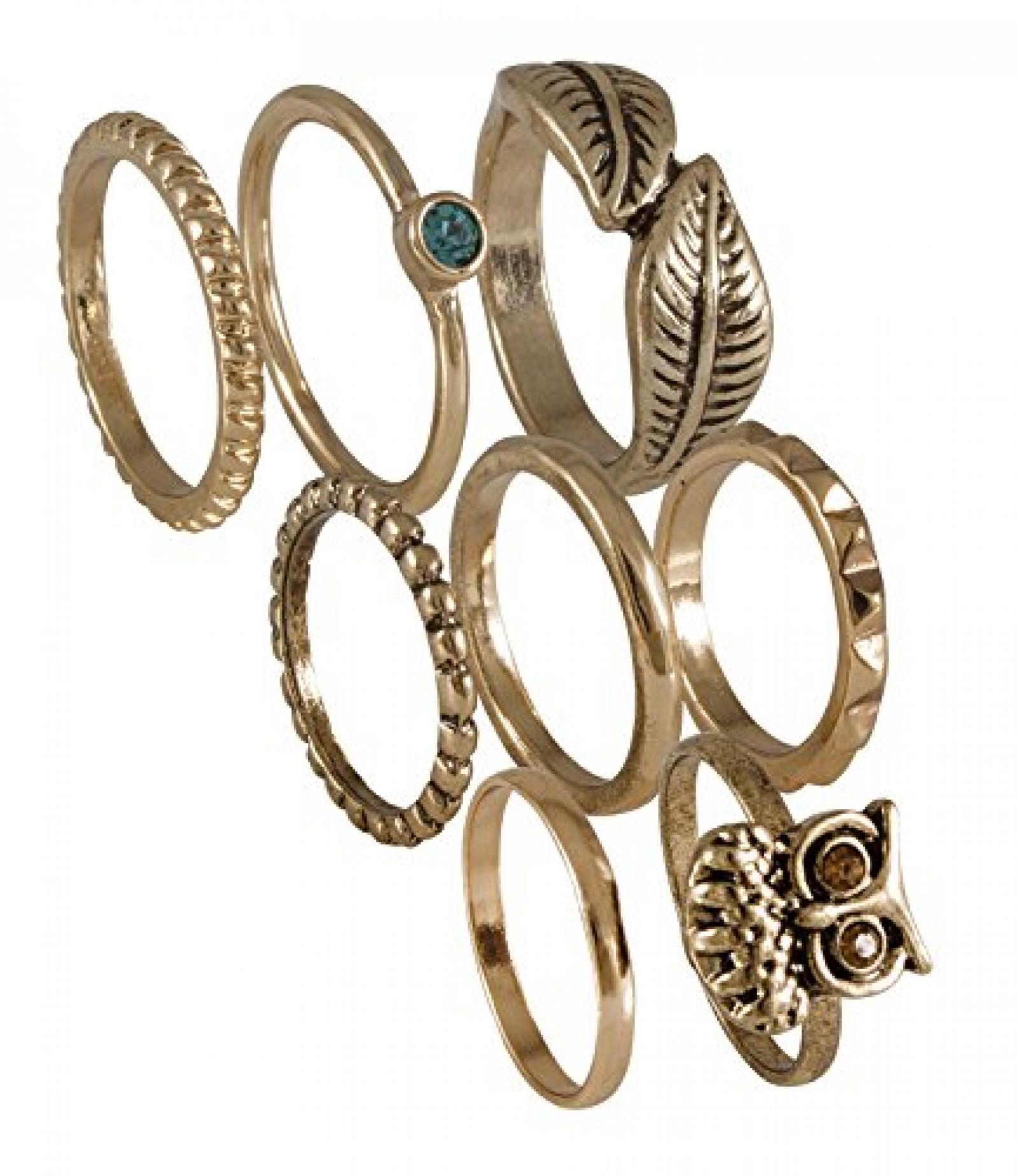 SIX "Sweet Autumn" 8er Set goldene Ringe, Bl&auml;tter, Eule, t&uuml;rkiser Stein (392-074) 